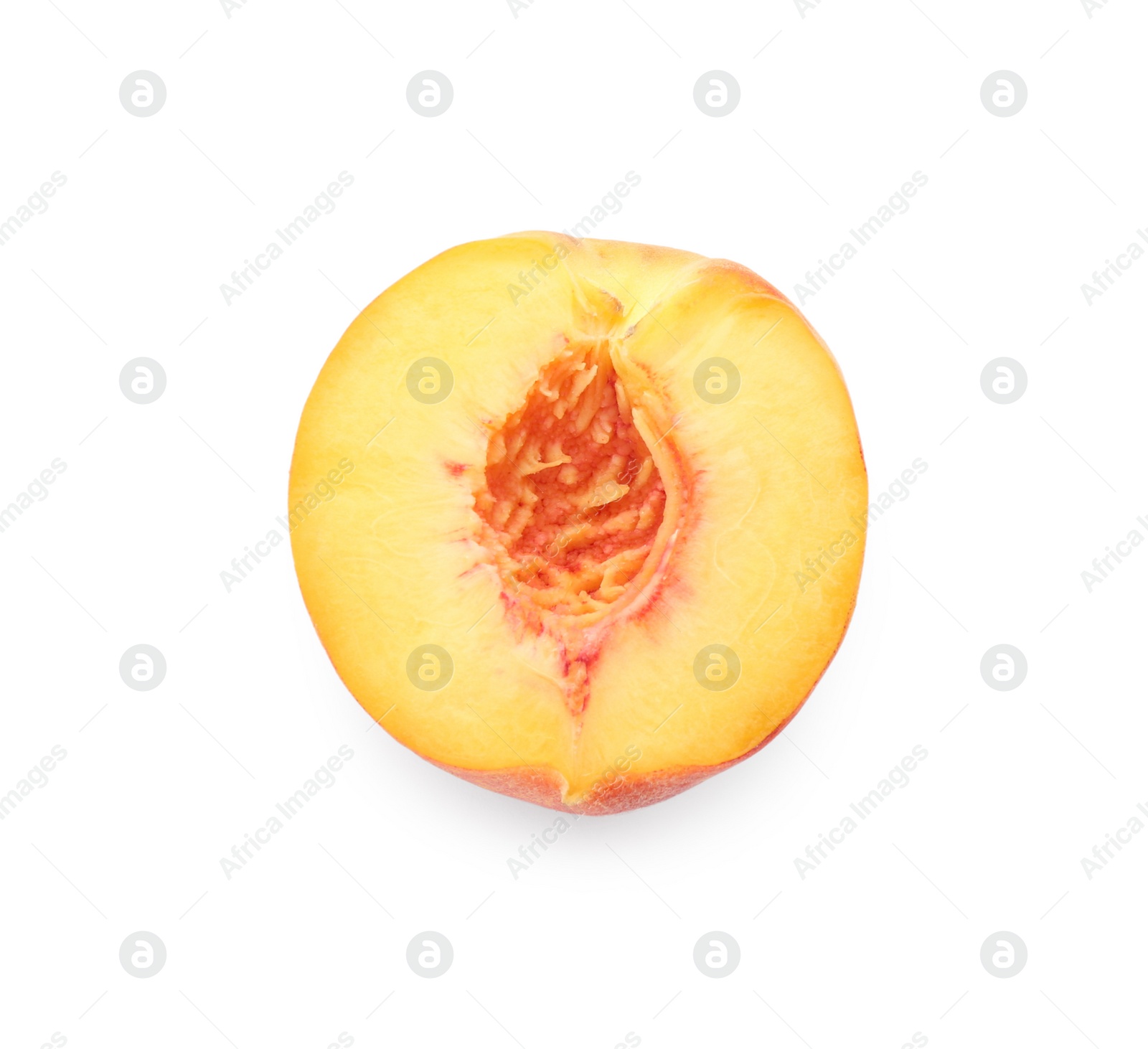 Photo of Half of ripe peach isolated on white, top view