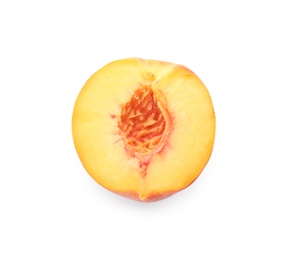 Photo of Half of ripe peach isolated on white, top view