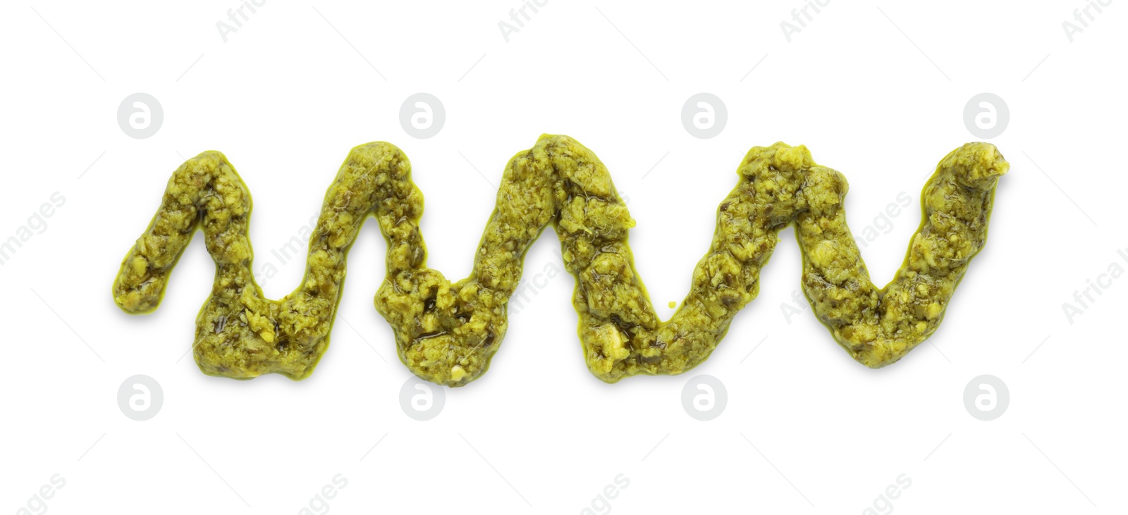 Photo of Tasty pesto sauce isolated on white, top view