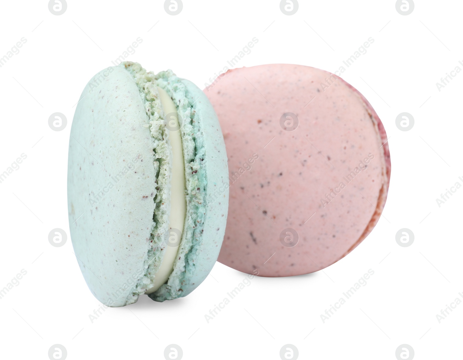 Photo of Different delicious colorful macarons on white background