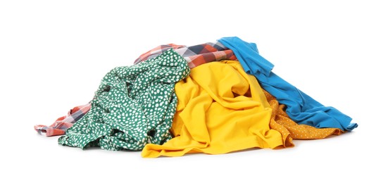 Photo of Pile of dirty clothes on white background