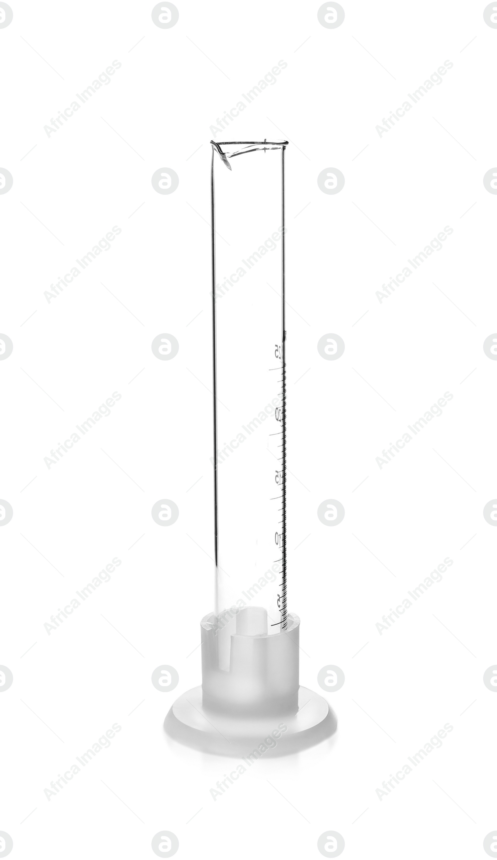 Photo of Empty graduated cylinder on white background. Laboratory analysis equipment