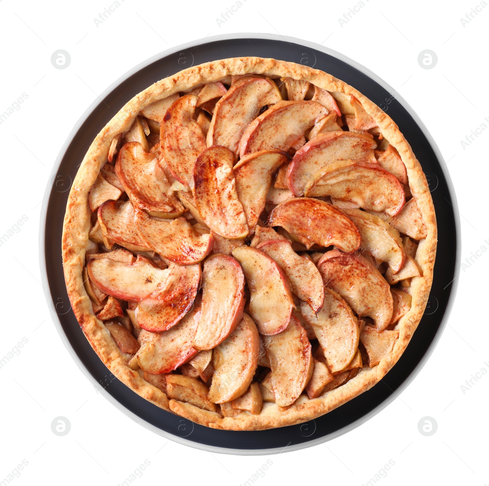 Photo of Delicious apple pie isolated on white, top view