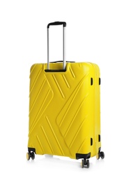 Yellow suitcase for travelling on white background