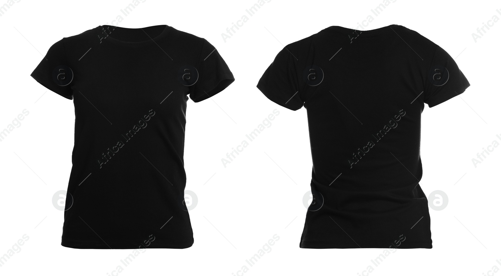 Image of Black t-shirt with space for design isolated on white. Back and front views