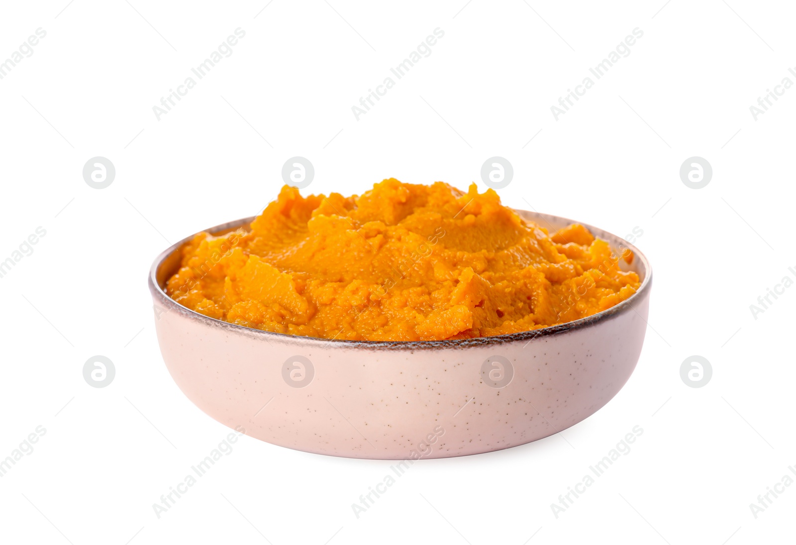 Photo of Delicious vegetable puree in bowl isolated on white. Healthy food