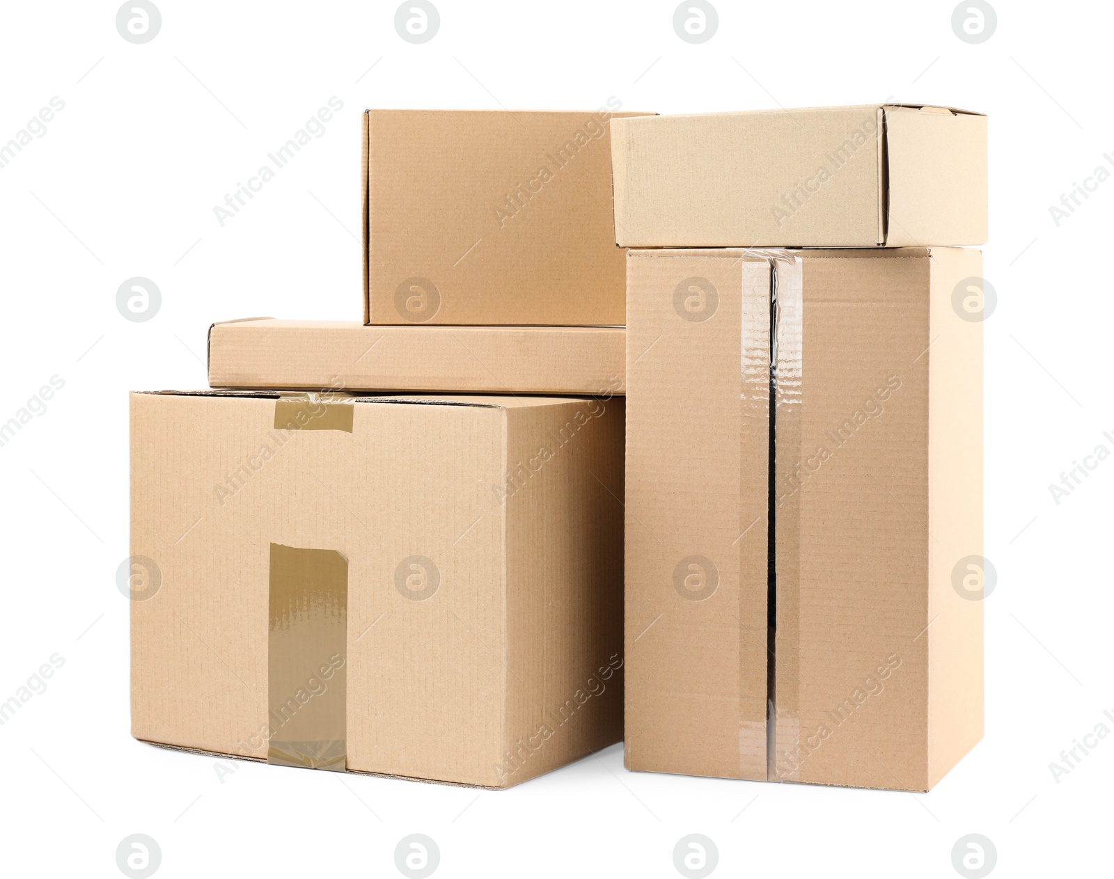 Photo of Pile of cardboard boxes on white background