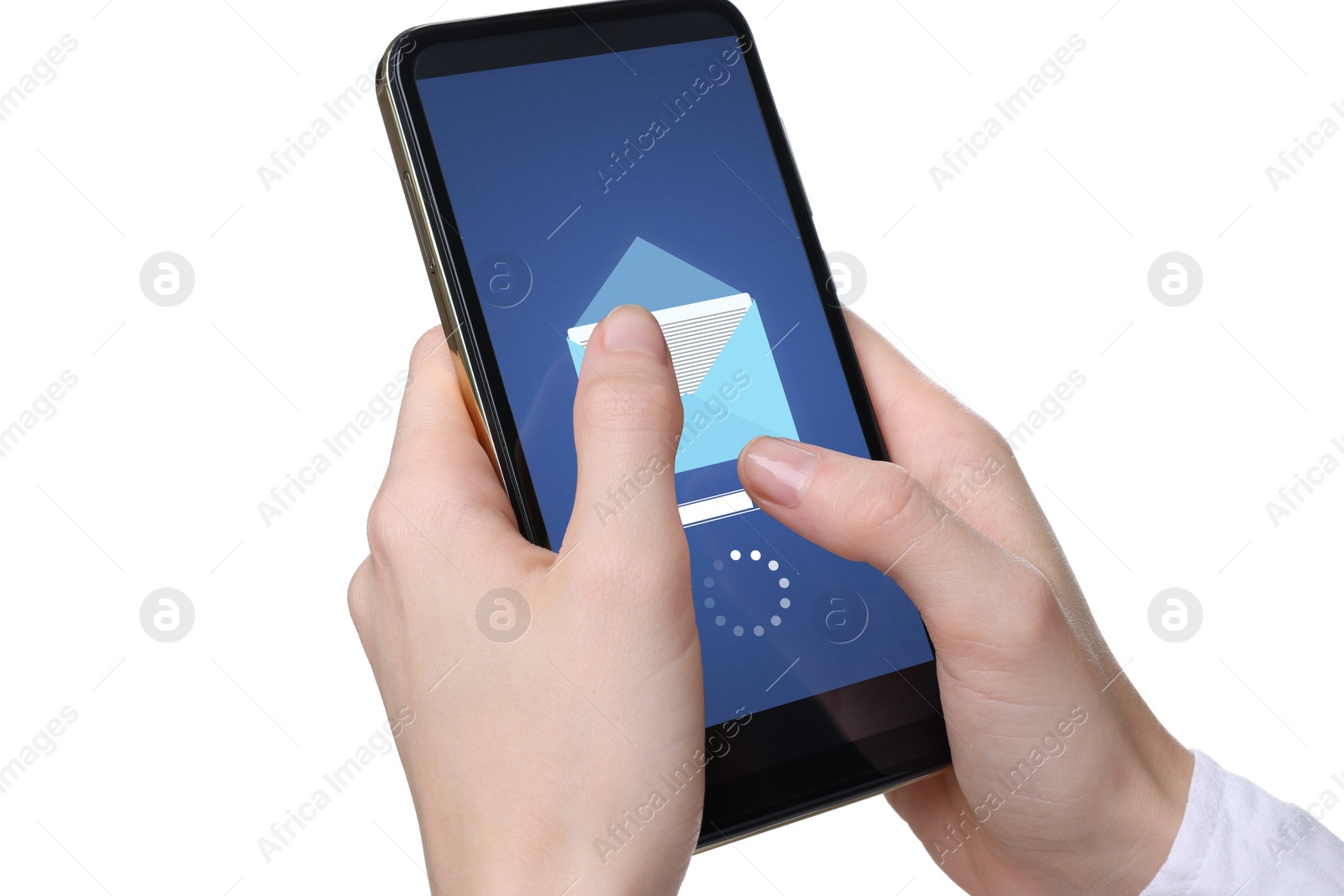 Image of Got new message. Woman using smartphone on white background, closeup