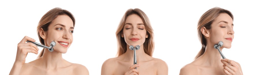 Young woman using face roller on white background, collage. Banner design