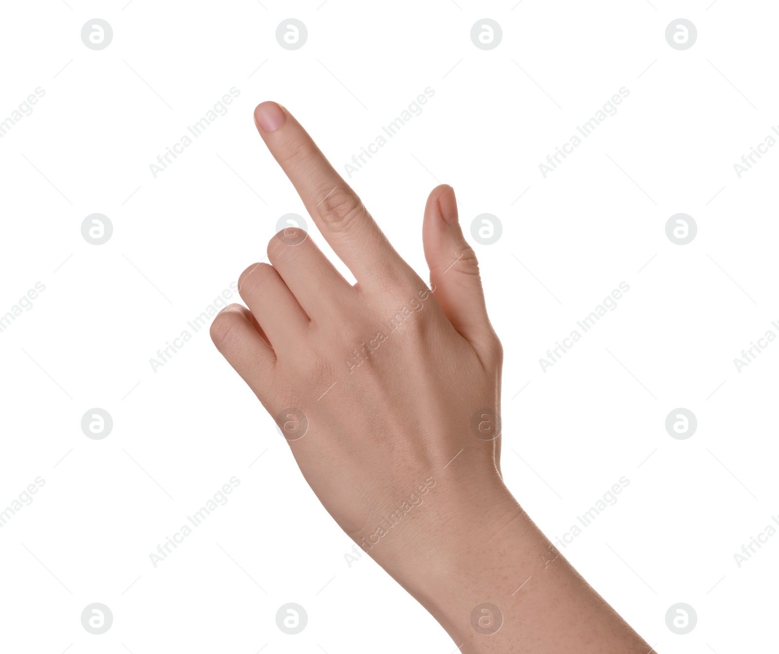 Photo of Woman pointing at something on white background, closeup