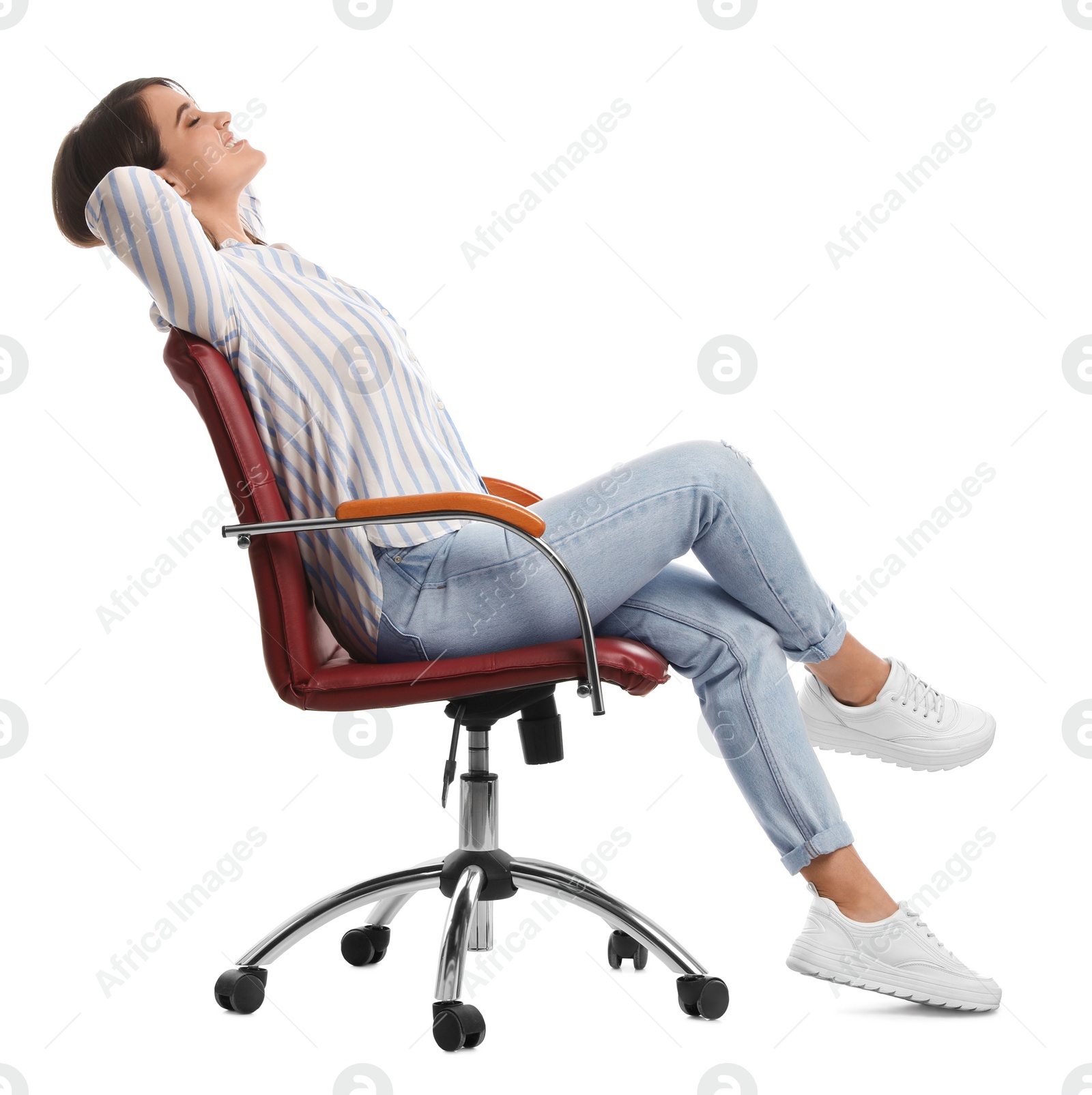 Photo of Young woman relaxing in comfortable office chair on white background