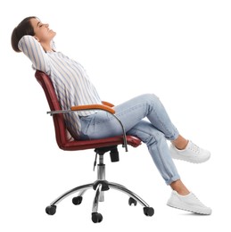 Photo of Young woman relaxing in comfortable office chair on white background