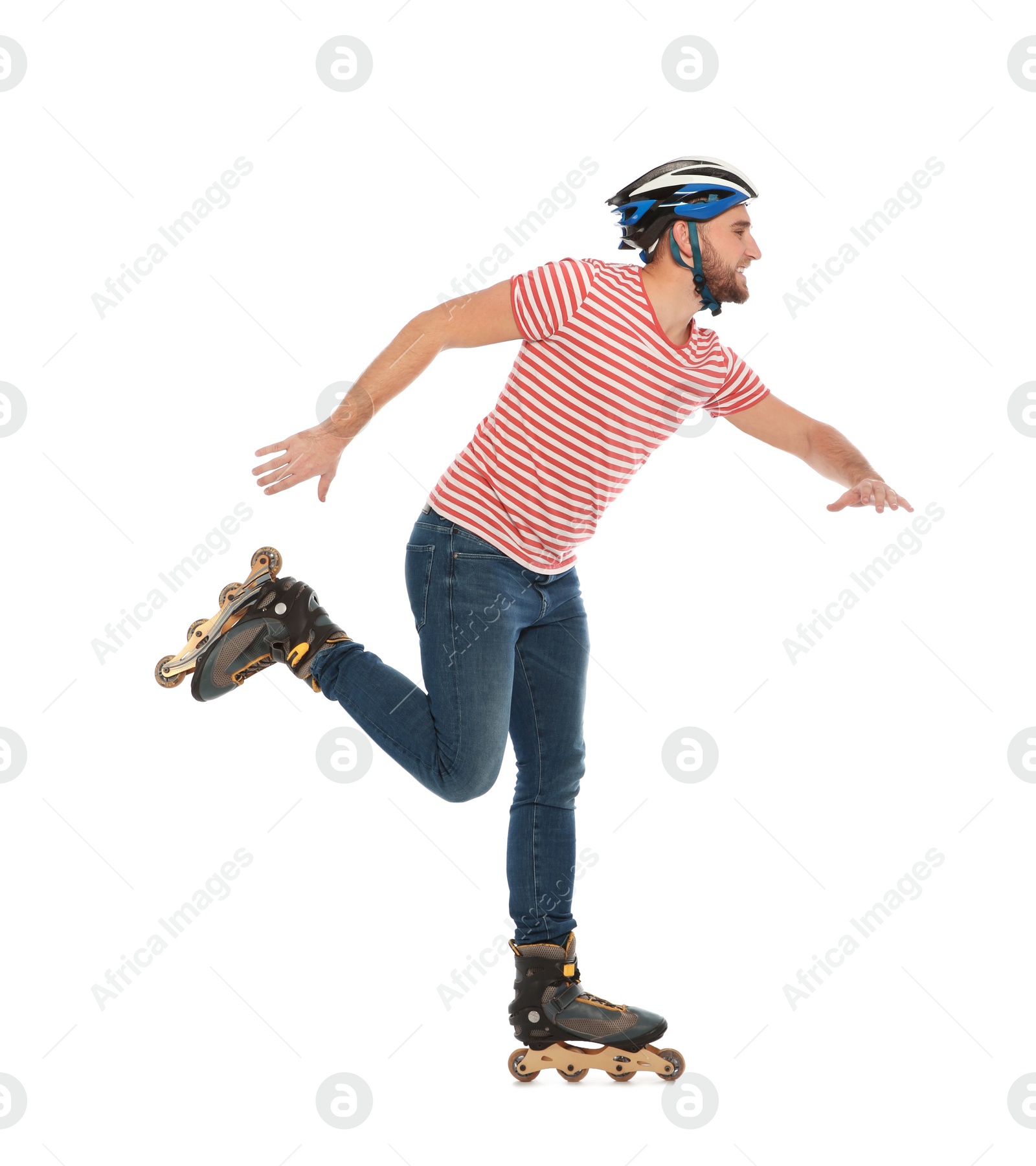 Photo of Young man with inline roller skates on white background