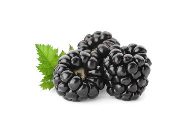 Photo of Tasty ripe blackberries and leaf on white background