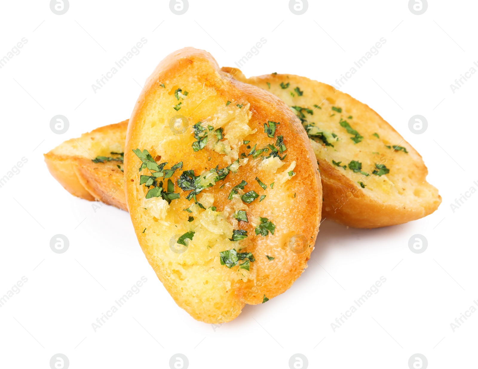 Photo of Slices of tasty garlic bread with herbs isolated on white