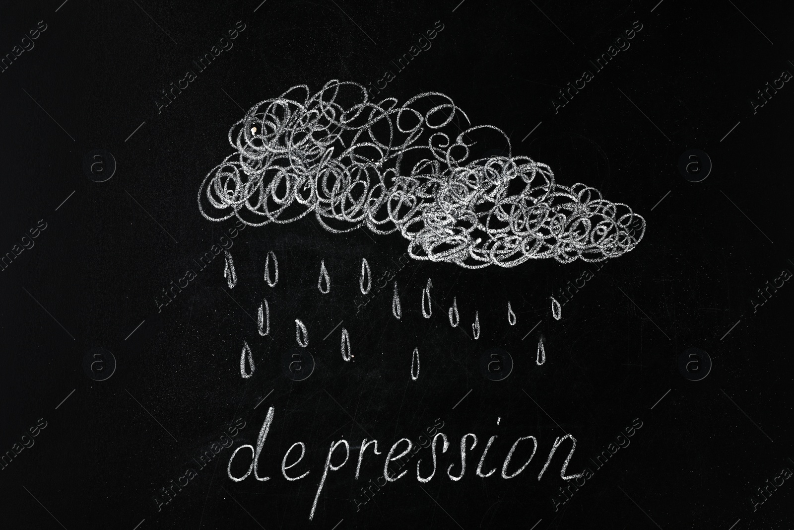 Photo of Chalk drawing of raining cloud over word Depression on black board