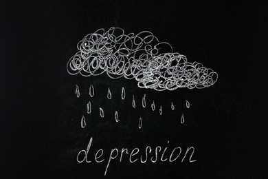 Chalk drawing of raining cloud over word Depression on black board