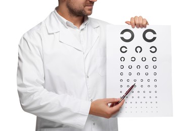 Ophthalmologist pointing at vision test chart on white background, closeup