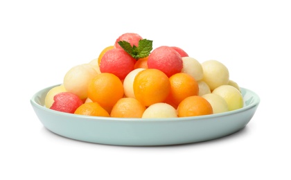 Melon and watermelon balls with mint on white background