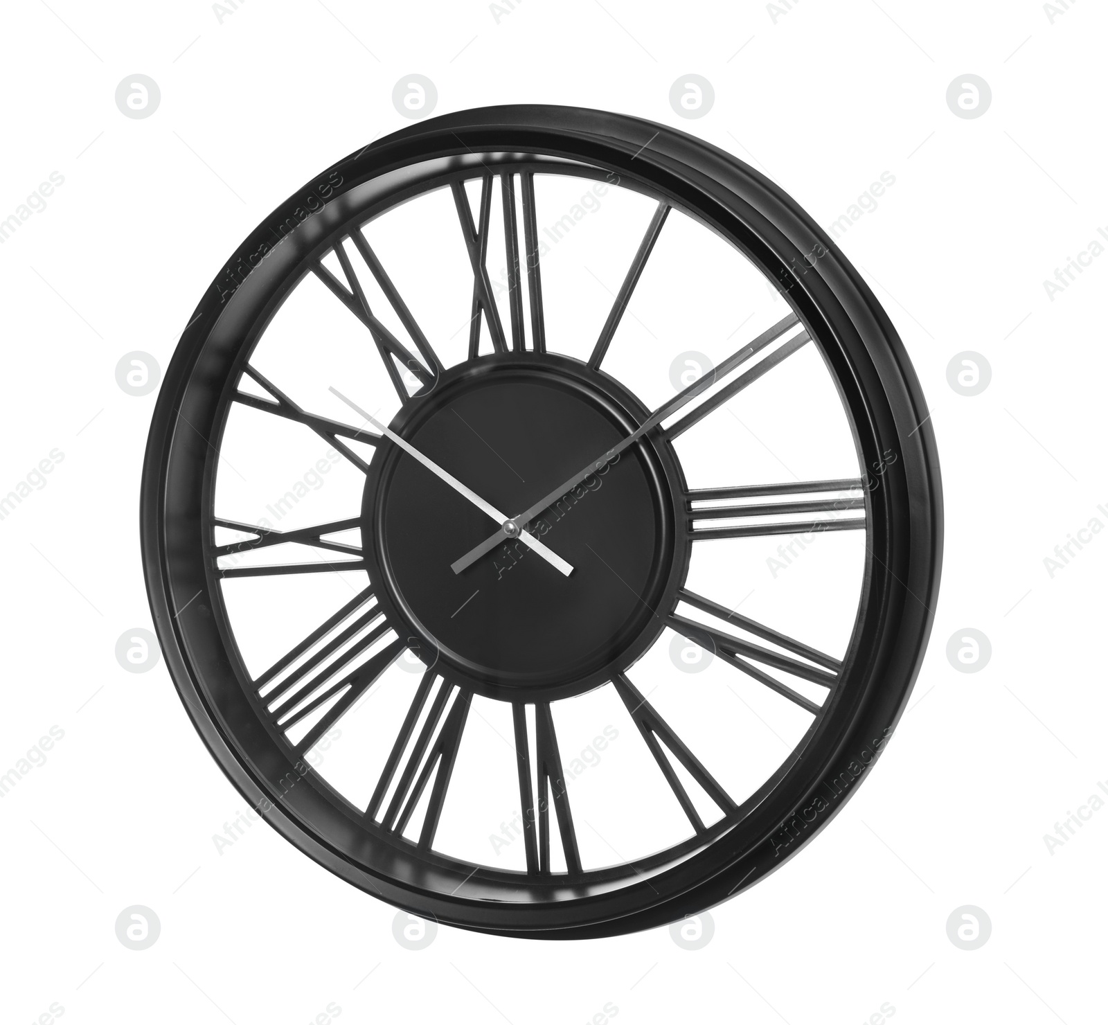 Photo of Modern black clock with Roman numerals isolated on white