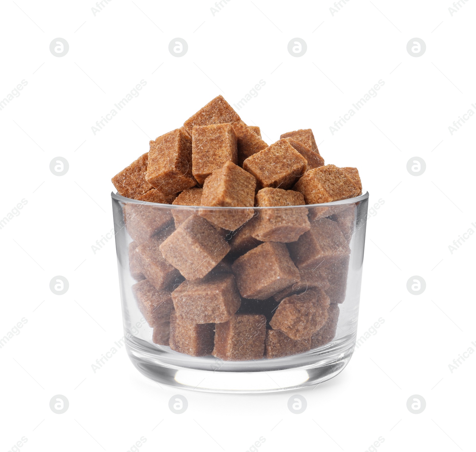 Photo of Glass bowl with brown sugar cubes isolated on white