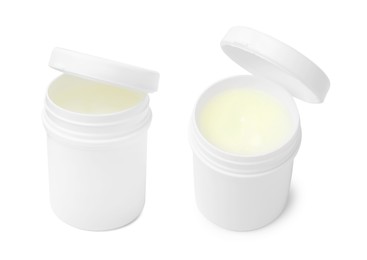 Image of Petroleum jelly in jar on white background, different sides. Cosmetic petrolatum