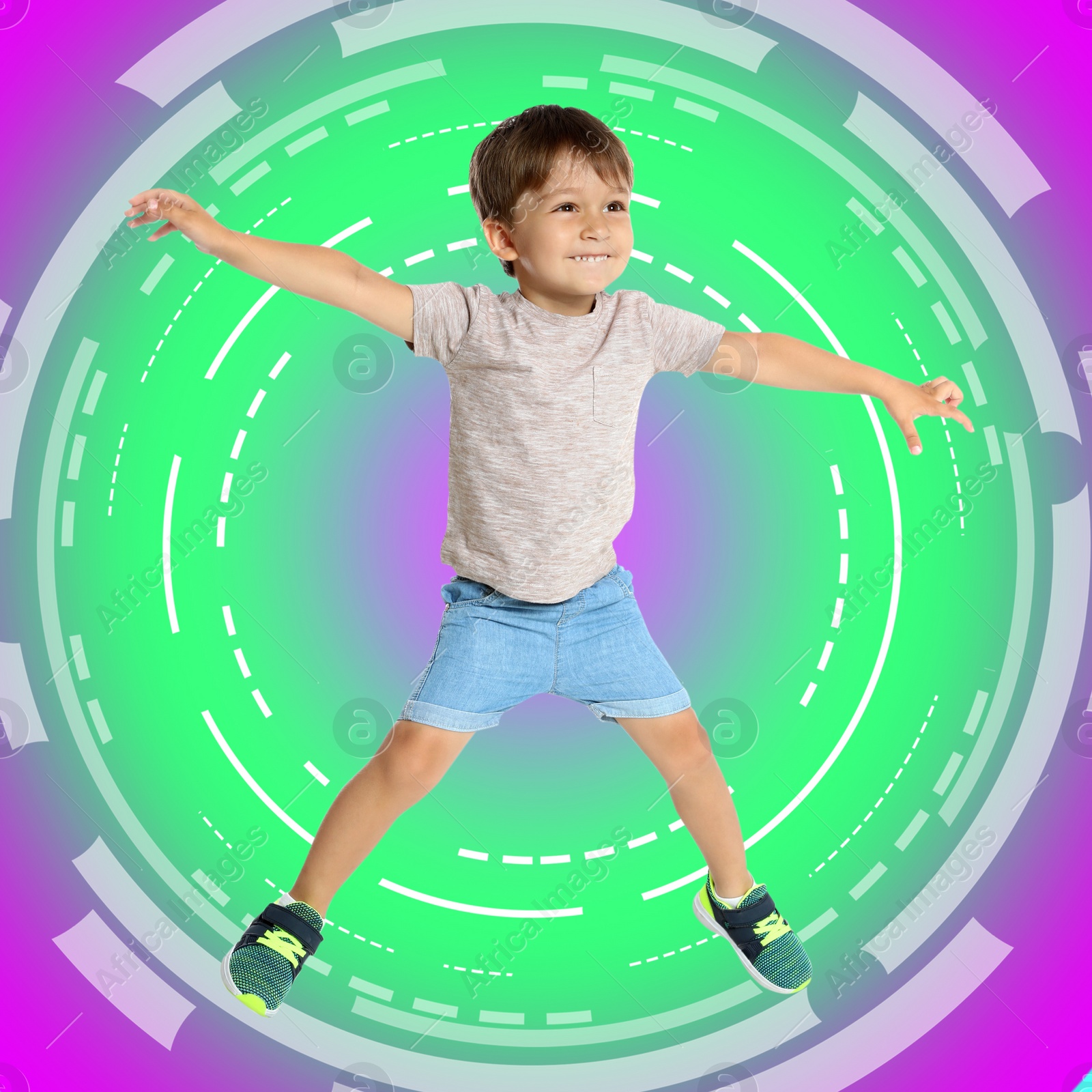 Image of Cute little boy on colorful background. School holidays