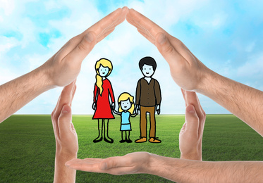 Image of People forming house with their hands and illustration of family against beautiful landscape, closeup