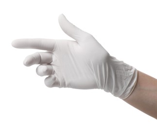 Photo of Woman wearing medical glove on white background, closeup