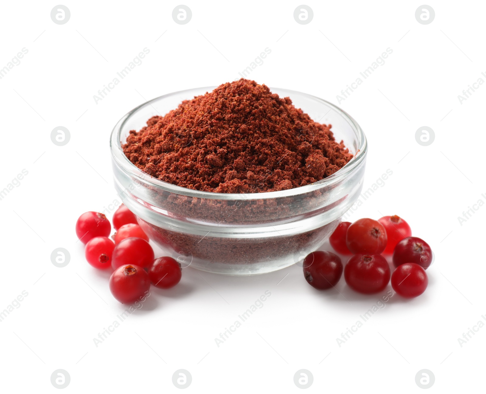 Photo of Cranberry powder in bowl and fresh berries isolated on white