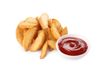 Photo of Delicious baked potato wedges and ketchup in bowl on white background