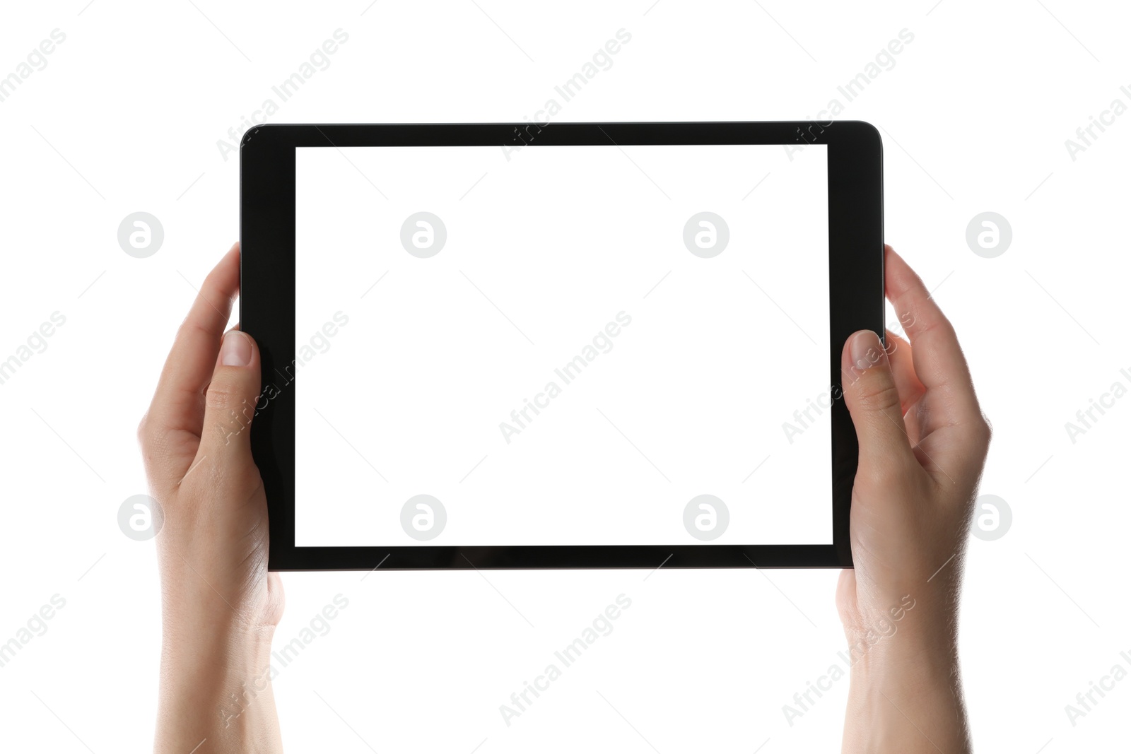 Photo of Woman holding tablet computer with blank screen on white background, closeup. Modern gadget