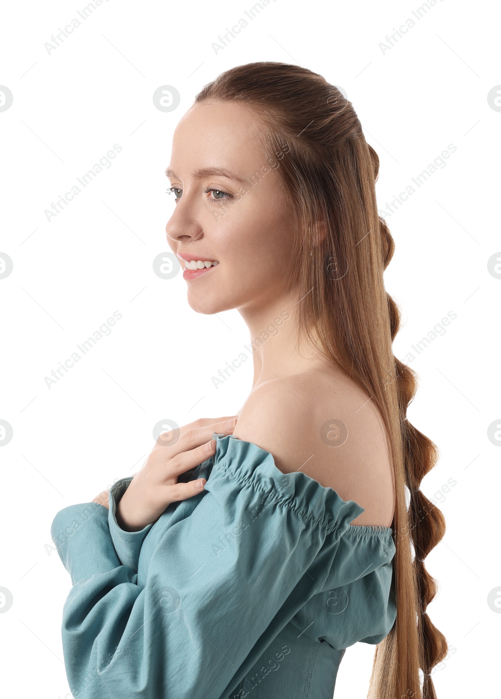 Photo of Woman with braided hair on white background