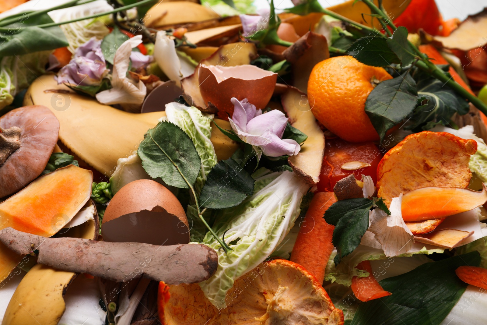 Photo of Pile of organic waste for composting as background, closeup