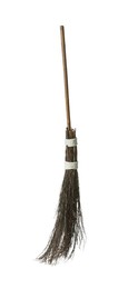 Photo of Old broom with wooden handle isolated on white