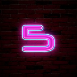 Image of Glowing neon number 5 sign on brick wall