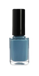 Photo of Light blue nail polish in bottle isolated on white