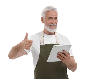 Photo of Happy man with tablet showing thumb up on white background
