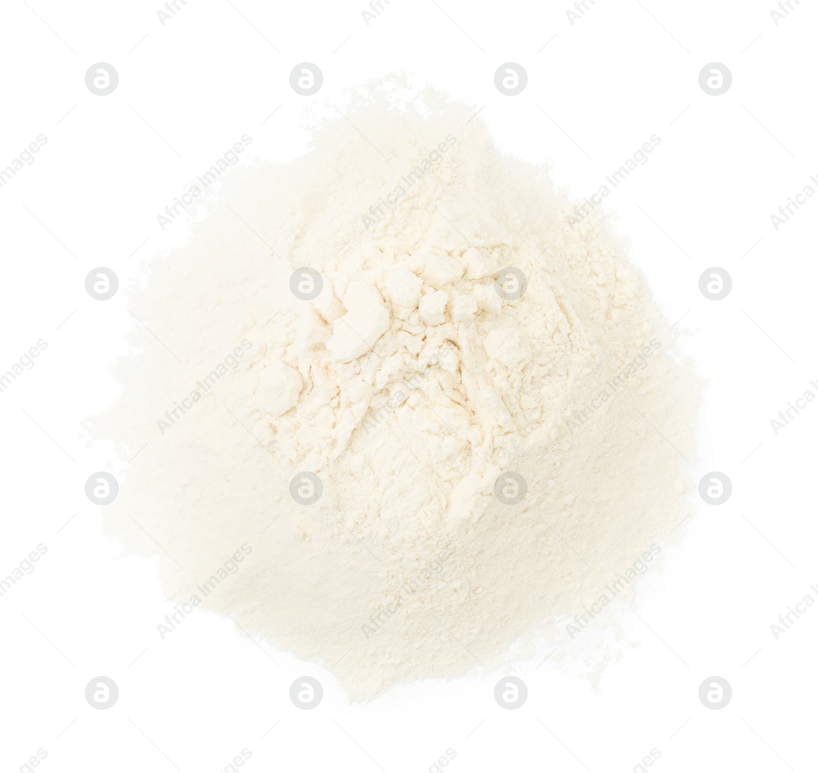 Photo of Heap of baking powder isolated on white, top view