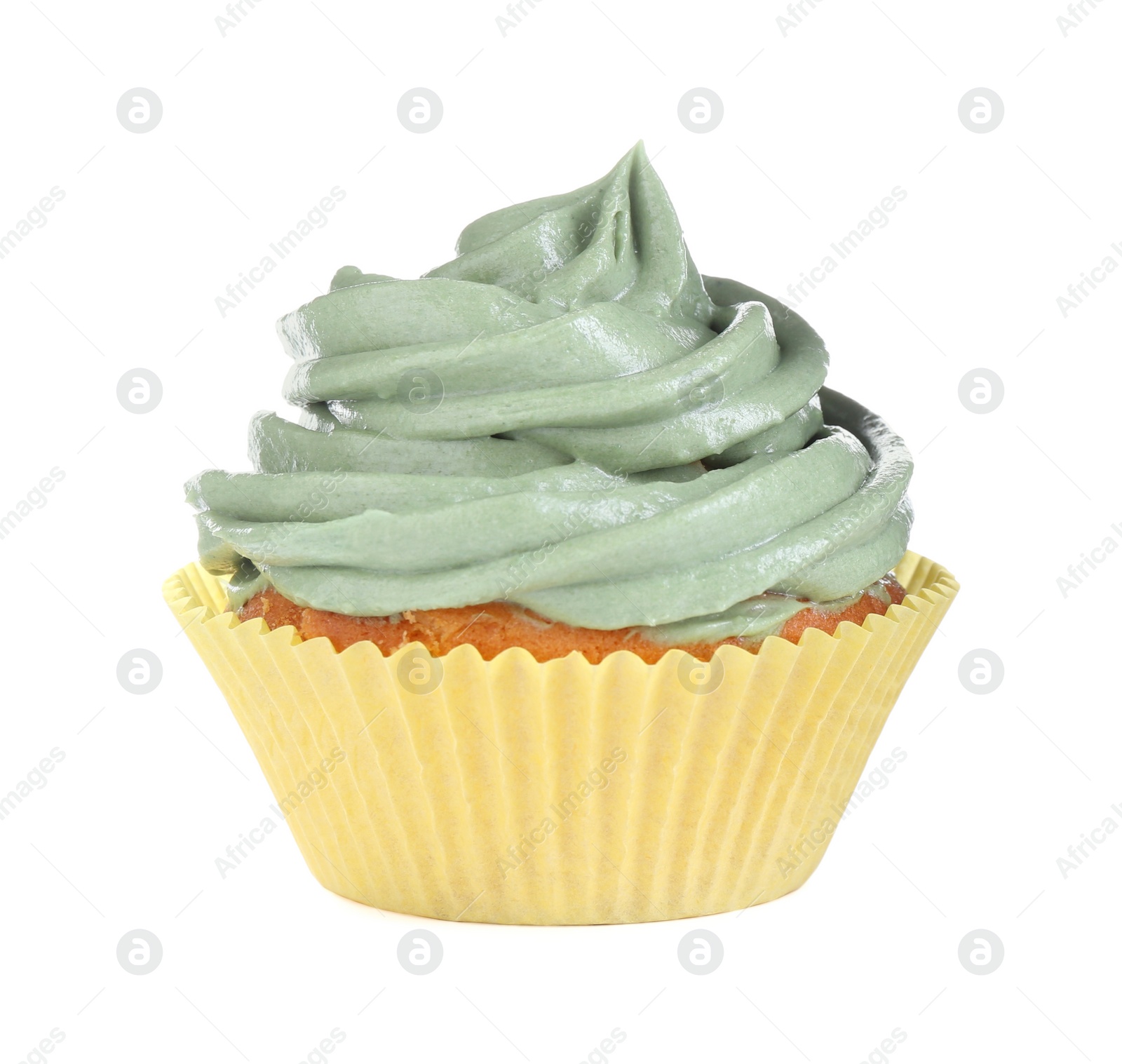 Photo of Delicious cupcake with green cream isolated on white