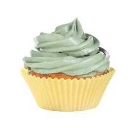 Photo of Delicious cupcake with green cream isolated on white