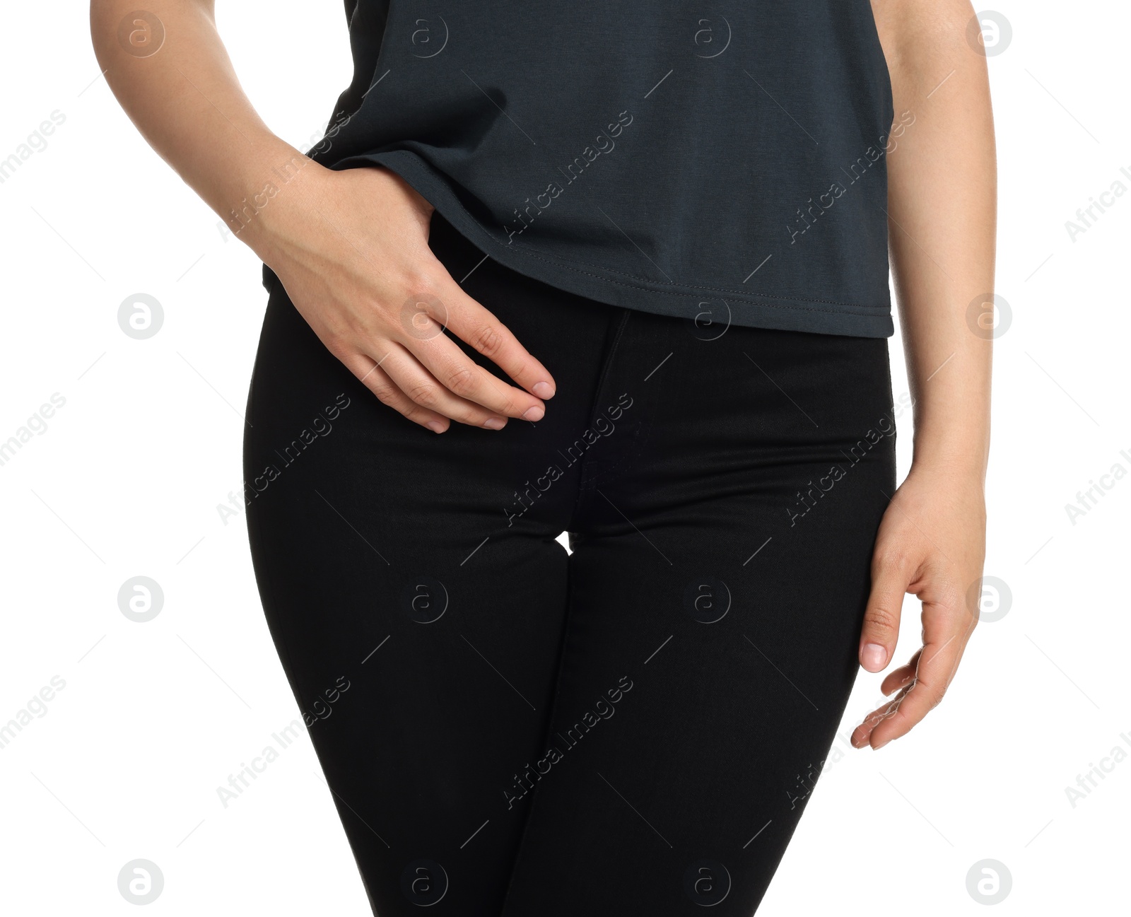 Photo of Woman wearing stylish black jeans on white background, closeup