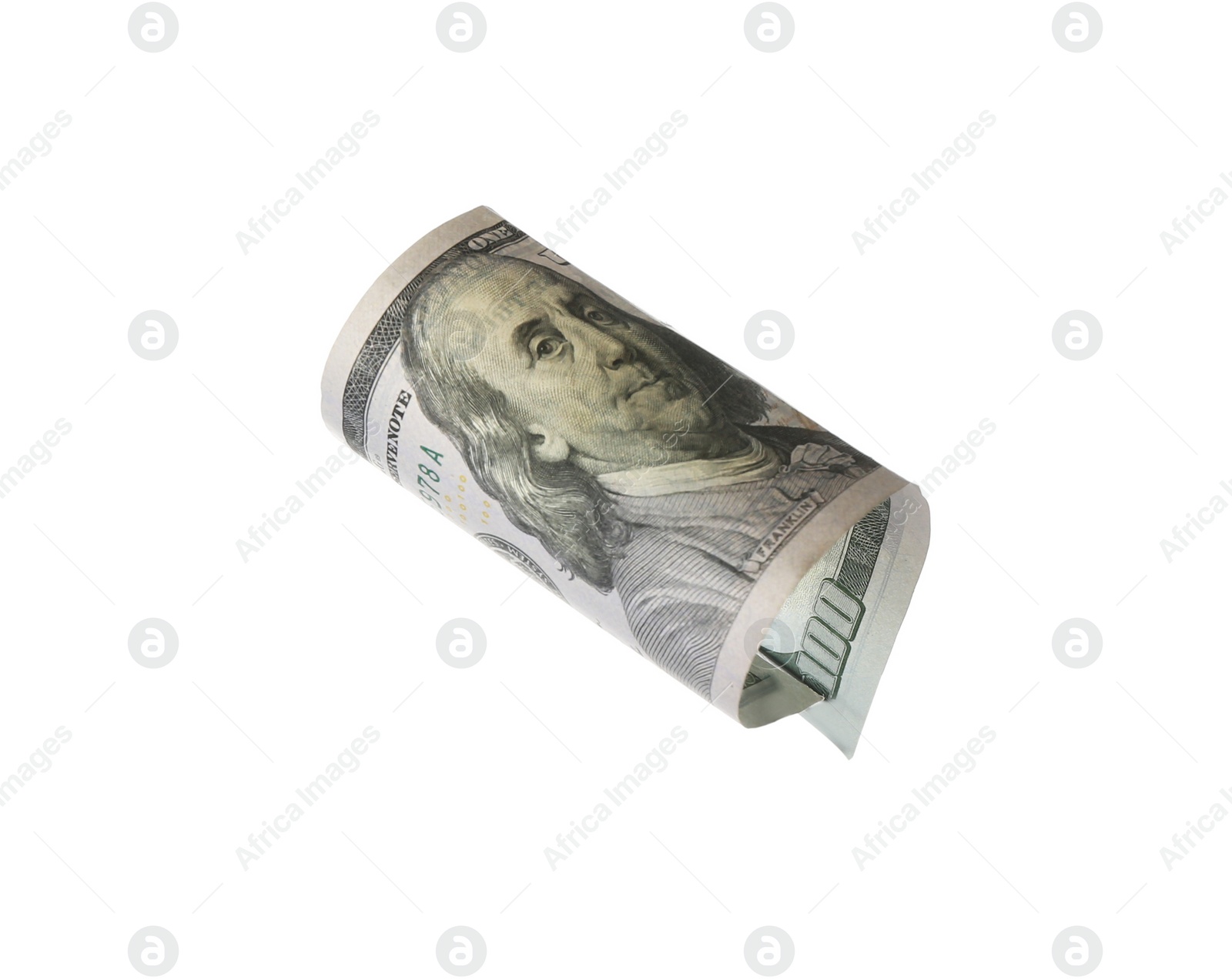 Photo of Dollar banknote isolated on white. Flying money