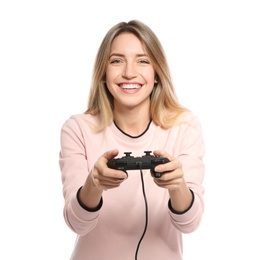 Photo of Emotional young woman playing video games with controller isolated on white