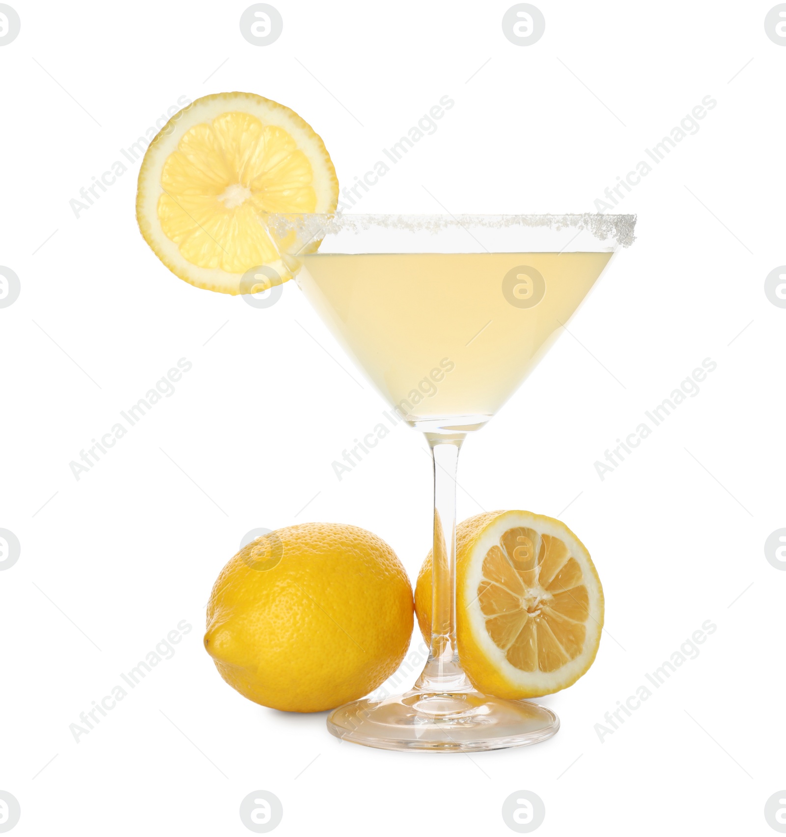 Photo of Lemon drop martini cocktail and fresh fruits on white background