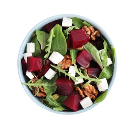 Delicious beet salad with arugula and feta cheese in bowl isolated on white, top view