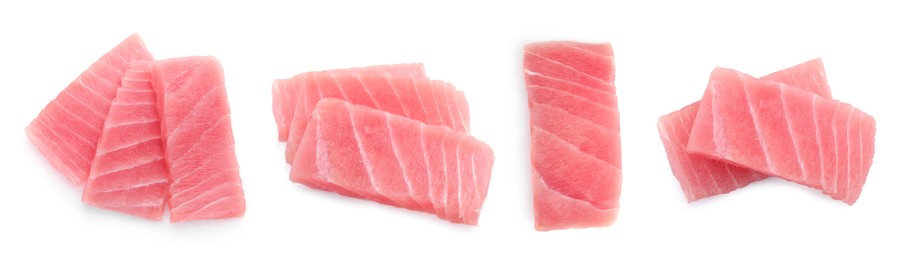 Image of Collage with fresh tuna sashimi isolated on white, top view