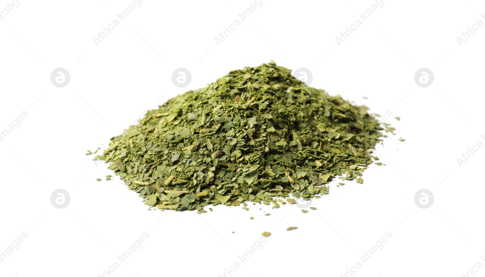 Photo of Heap of ground bay leaves on white background