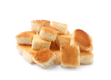 Pile of delicious crispy croutons on white background