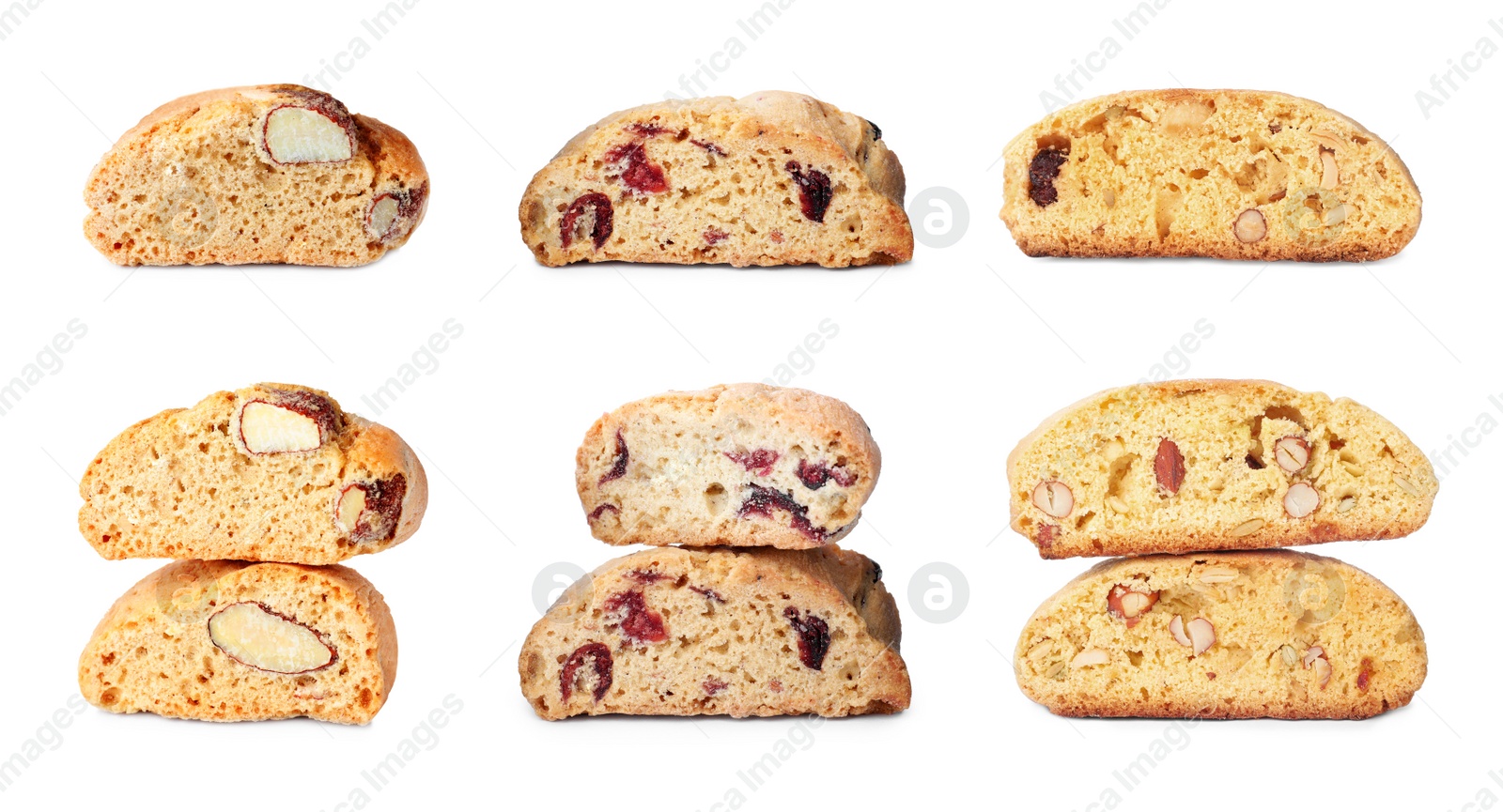 Image of Set with different tasty cantucci on white background. Traditional Italian biscuits